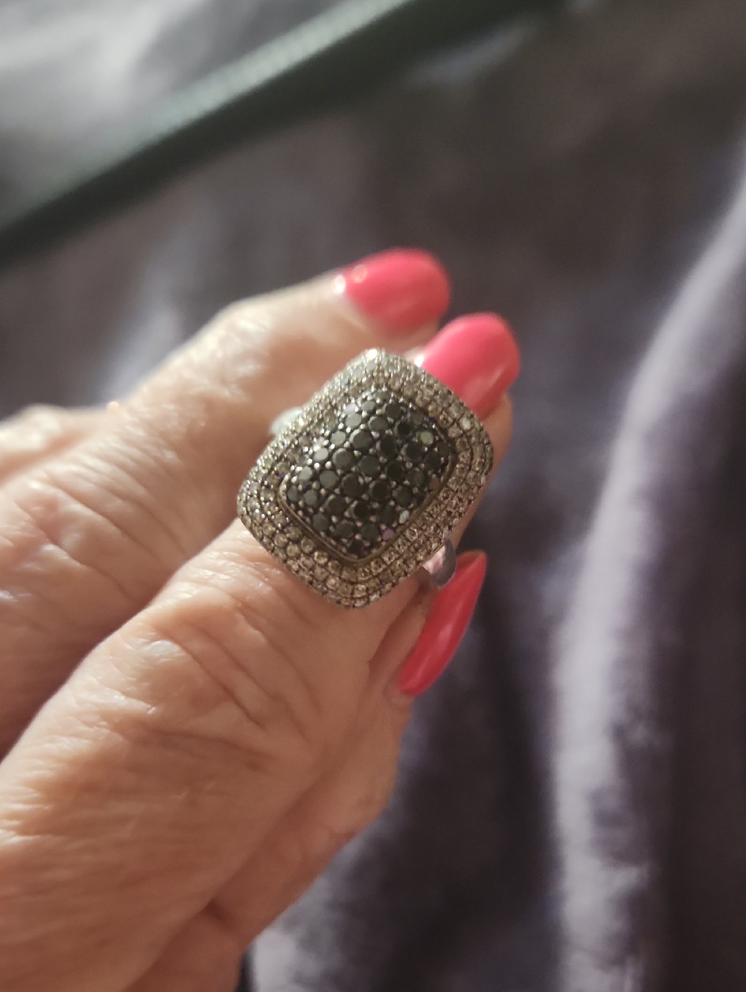 Sterling Silver Black And White Diamond Pave Square Cocktail Ring
